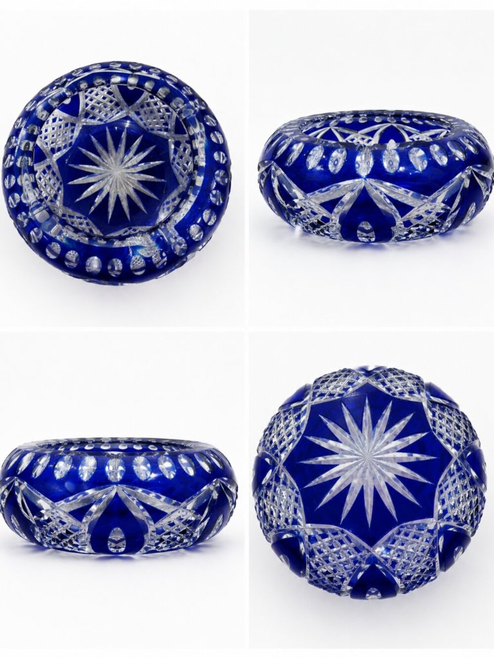 Vintage Cobalt Blue Cut to Clear Crystal Bowl Starburst Bohemian Style